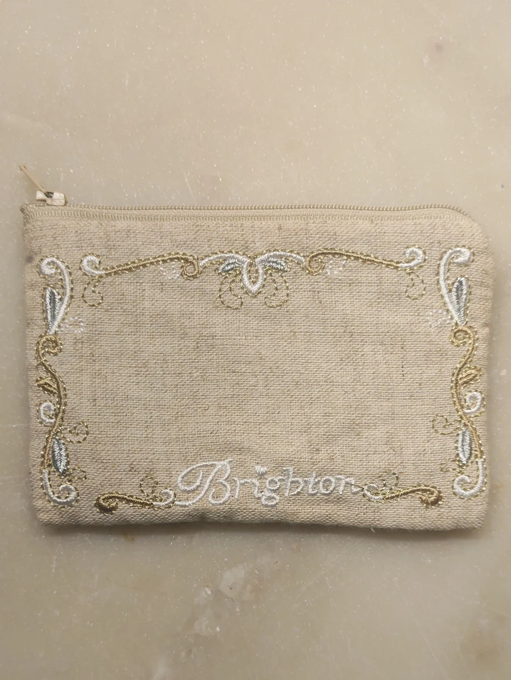NEW! Brighton Small Zipper Pouch Travel Beige With Scrolls Embroidery
